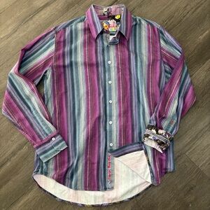 Robert Graham Men's Large Multicolor Stripe Button Down Shirt Floral Flip Cuff